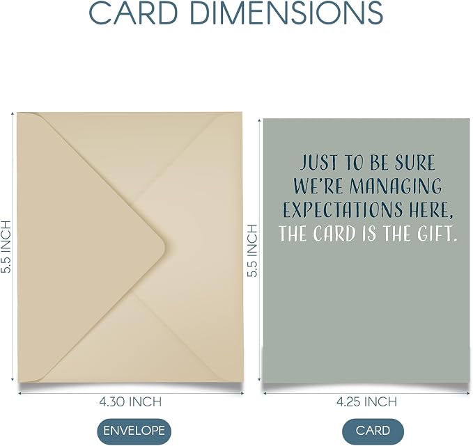 Happy Birthday Card - Single 4.25 X 5.5 Greeting Card With Envelope, Blank Inside, Funny Cards For Men And Women, Just To Be Sure We’re Managing Expectations Here The Card Is The Gift