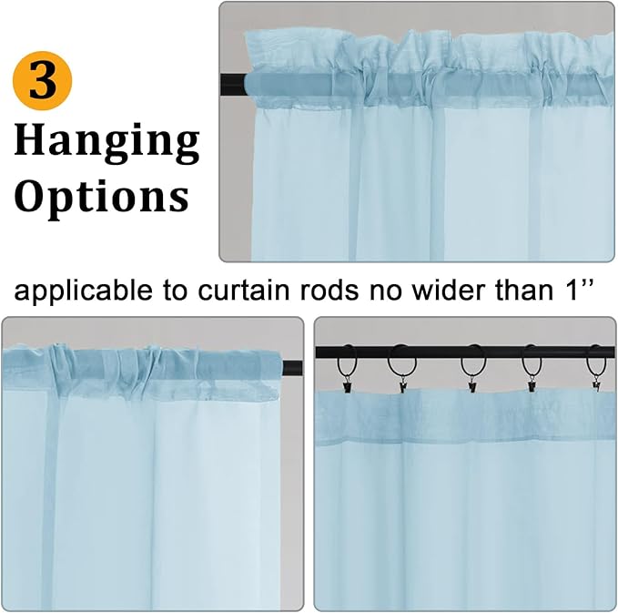 Gwine Sky Blue Sheer Curtain Tiers 24 Inch Length, Light Filtering Voile Short - Image 5