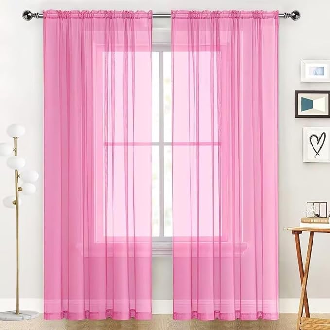 SpaceDresser Basic Rod Pocket Sheer Voile Window Curtain Panels Pink 1 Pair 2 Panels 52 Width 90 Inch Long for Kitchen Bedroom Children Living Room Yard（Pink, 52W x 90L）