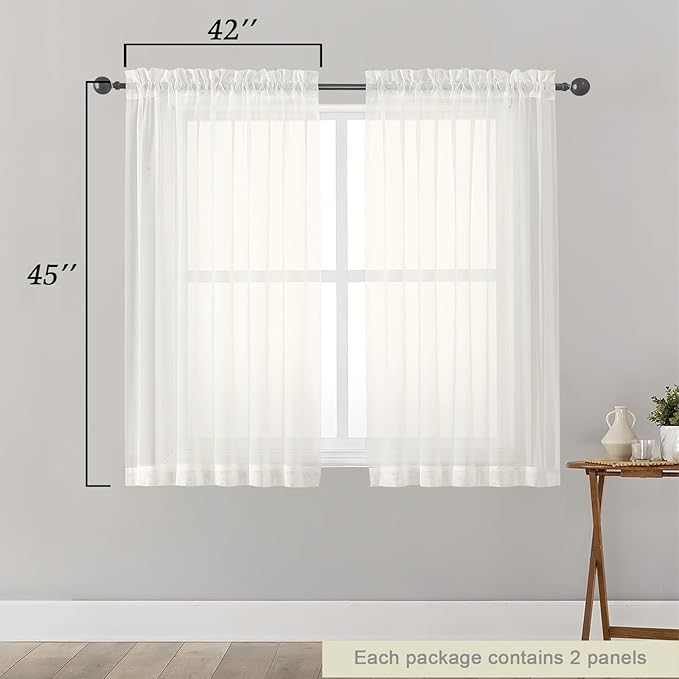 Ivory Sheer Curtains for Bedroom Living Room 45 Inch Length 2 Panels, Soft Airy - Image 2