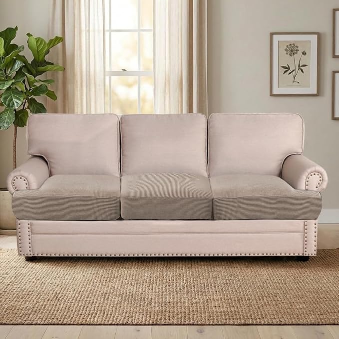 H.VERSAILTEX Stretch 3 Piece T Cushion Sofa Slipcovers Individually Sofa Cushion Covers for 3 Cushion Couch Sofa Seat Cushion Covers with Elastic Bands Featuring Thicker Jacquard Fabric, Taupe