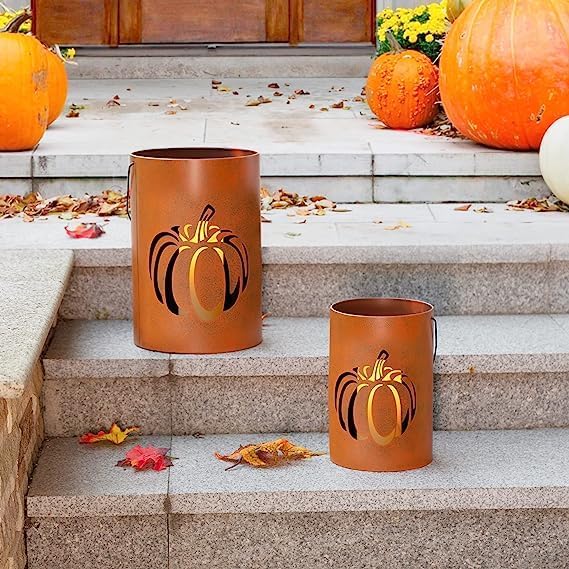 Glitzhome 2 Pack Halloween Cutout Pumpkin Lantern Candle Holder Bucket Thanksgiving Metal Standing or Hanging Porch Signs Decor, Orange - Image 5