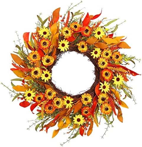 20" Artificial Fall Wreath for Front Door Orange Daisy Autumn Wreath with Colorful Wildflowers and Autumn Foliage Farmhouse Fall Door Wreath for Harvest Thanksgiving Fall Decorations by Fasyou