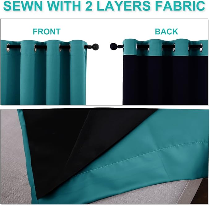 NICETOWN 100% Blackout Curtains 57 inches Long, Double-Deck Completely Blackout Window Treatment Thermal Insulated Lined Drapes for Small Window (Peacock Teal, 1 Pair, 55 inches Width Each Panel)
