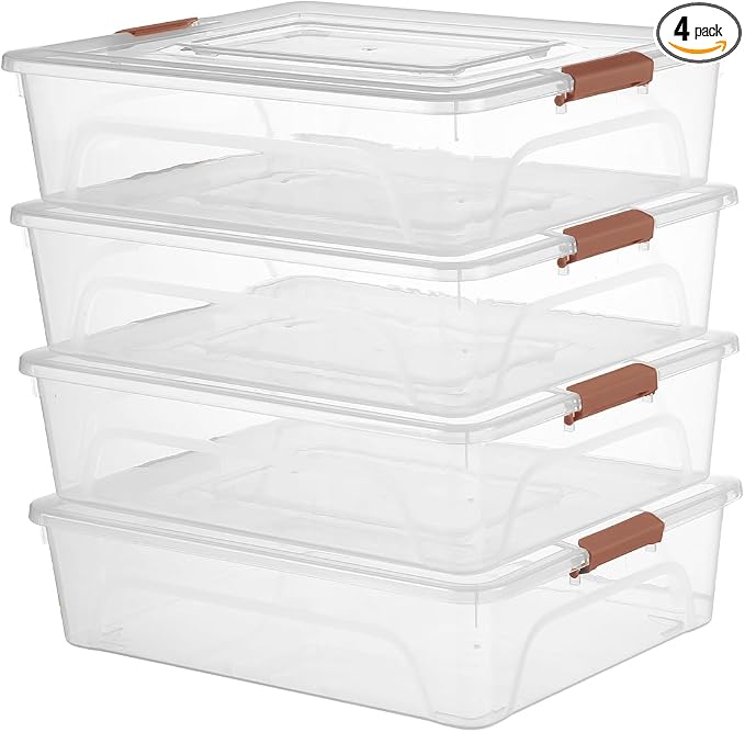 novelinks 10 Quart Clear Plastic Storage Containers with Lids (4 Pack) | Storage Bins with Lids, Stackable Small Clear Bins, Craft Storage Box, Paper Storage, Under Bed Storage Bins, Pencil Box