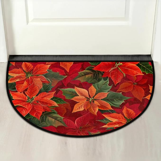Christmas Doormat, Christmas Poinsettia Non-Slip Half Round Door Mat 24x36 Welcome Mats for Front Door, Area Rug Decorative Floor Mat for Indoor Outdoor Kitchen Entryway Low Profile