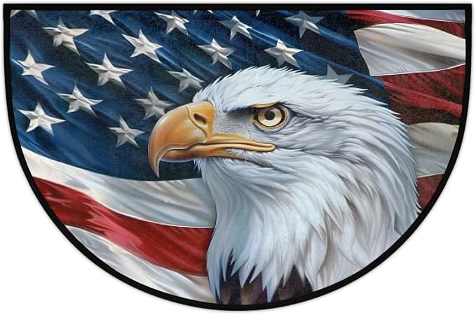Pardick Flag and Eagles Half Round Doormat Semi Circle Rug Non Slip Indoor Outdoor Entrance Half Moon Rug Absorbent Durable Washable Front Floor Mat for Kitchen Bathroom Patio Fireplace