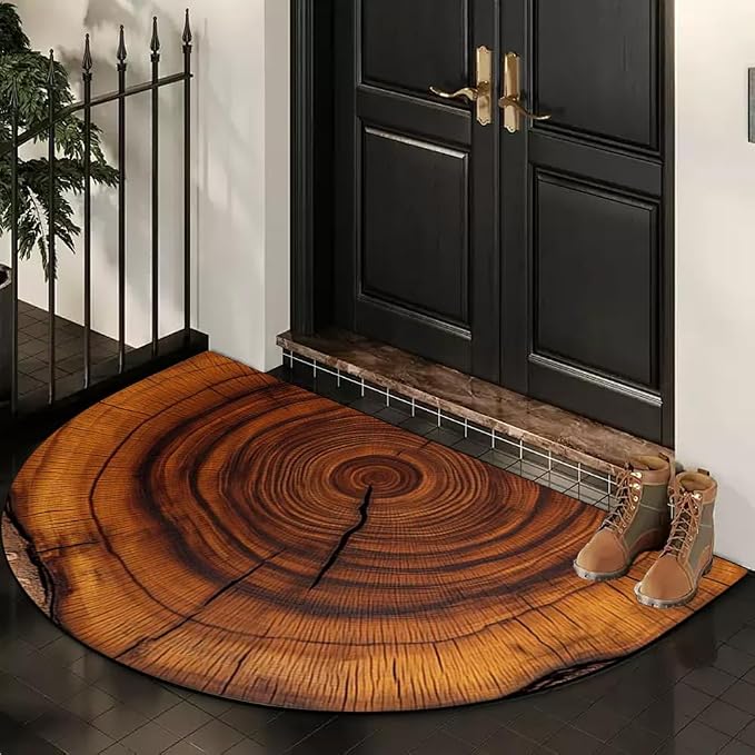 Wood Grain Brown Half Round Door Mat Non Slip Washable Semi Circle Area Rug,Absorbent Soft Doormat for Front Door Entryway,Heavy Duty Welcome Mat with Rubber Backing,Floor Mat for Garage Pet 17"x30"