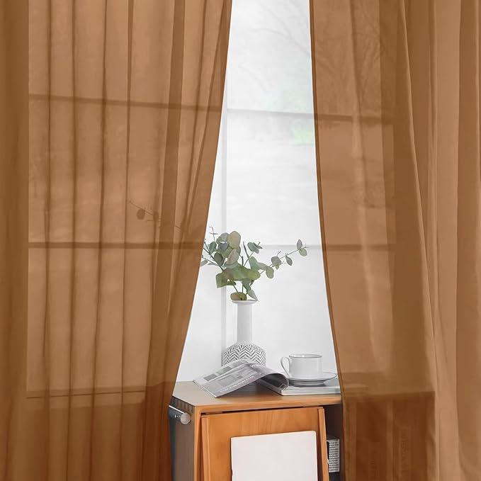 youleyar Solid Sheer Rod Pocket Curtain Voile Draperies 2 Panels White Beige Black Grey Ivory 52 Inch Width 90 Inch Long 1 Pair for Kitchen Bedroom Children Living Room Yard (Light Brown,52Wｘ90L)
