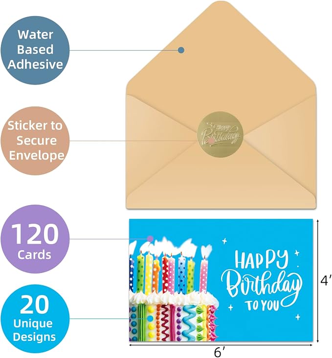 120 Happy Birthday Cards with Envelopes, Birthday Cards Bulk with Short Generic Message Inside, 20 Unique Designs, 4x6 inches, Birthday Cards Assortment for Business and Personal
