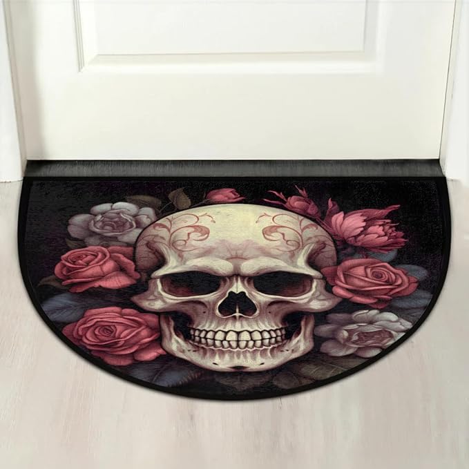 Flower Skull Half Round Door Mat Welcome Entrance Mat Bath Bathroom Rug | Flower Skull Welcome Entrance Mat Anti-Slip Half Moon Bath Mat Semi Circle Rug Indoor Outdoor Kitchen Rug