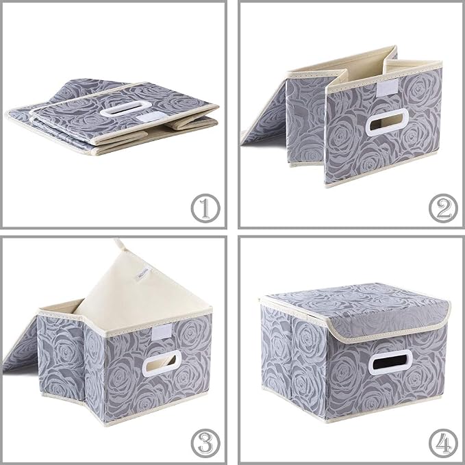 PRANDOM Stackable Storage Boxes with Lids [5-Pack] Fabric Decorative Storage Bins Cubes Organizer Containers Baskets with Cover Handles Divider for Bedroom Closet Living Room Grey 9.8x7.9x6.7 Inch