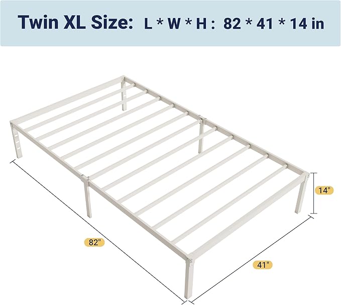 Allewie Twin XL Bed Frame, 14 inch Metal Beds with Storage Space, White | Heavy-Duty Metal Platform Beds, Large Under-Bed Storage Space, No Box Spring Needed, Easy Assembly