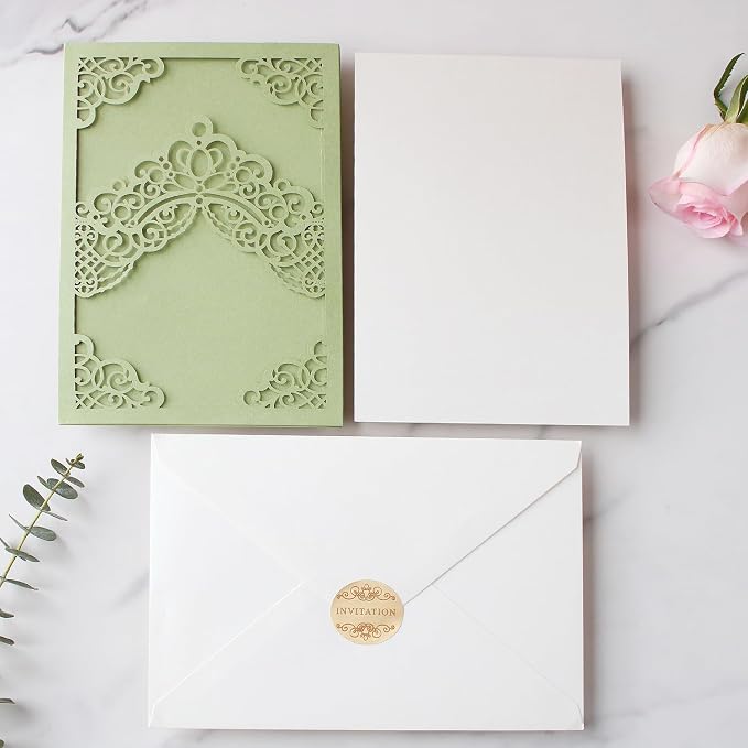 Hosmsua 50PCS Blank Sage Green Quinceanera Invitations with Envelopes, 5.1x7.3 Inch Laser Cut Floral Crown Pocket Invitation Cards for Quinceanera Birthday Quince Anos