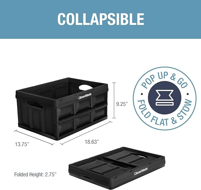 CleverMade Collapsible Storage Bins, 32L, 3 Pack, Obsidian | Reinforced plastic handles groceries, tools, and sports gear. Interlocking bins stack open and nest compactly when folded.