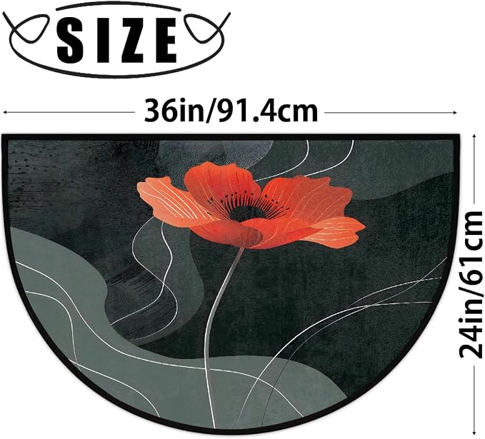 Pardick Half Round Doormat Semi Circle Rug Red Poppy Flower Non Slip Indoor Outdoor Entrance Half Moon Rug Absorbent Durable Washable Front Floor Mat for Kitchen Bathroom Patio Fireplace