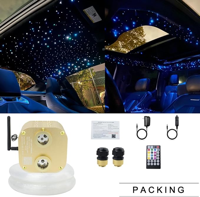 AZIMOM Dual Port 20W Twinkle Starlight Headliner Kits 600pcs 0.03in 9.8ft Fiber Strands Dual Head Fiber Optic Light RGBW Sound Remote Control Light Source Home Ceiling Indoor Car Roof Decor