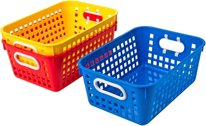 Really Good Stuff Medium Plastic Book Baskets, 11" by 7.5" by 4.5", 6-Pack | Rainbow Group Colors, Versatile Storage Solution for Classroom, Home, & Office