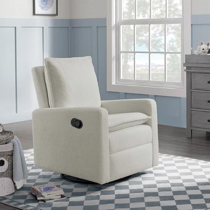 Oxford Baby Uptown Upholstered Glider Recliner Rocking Chair 360° Swivel for Nursery and Living Room - Boucle White, Green Guard Gold Certified