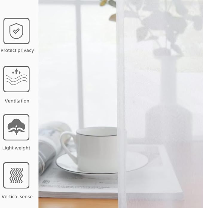 youleyar Solid Sheer Rod Pocket Curtain Voile Draperies 4 Panels White Beige Black Grey Coffee 52 Inch Width 45 Inch Long 1 Pair for Kitchen Bedroom Children Living Room Yard(White,52Wｘ45L)