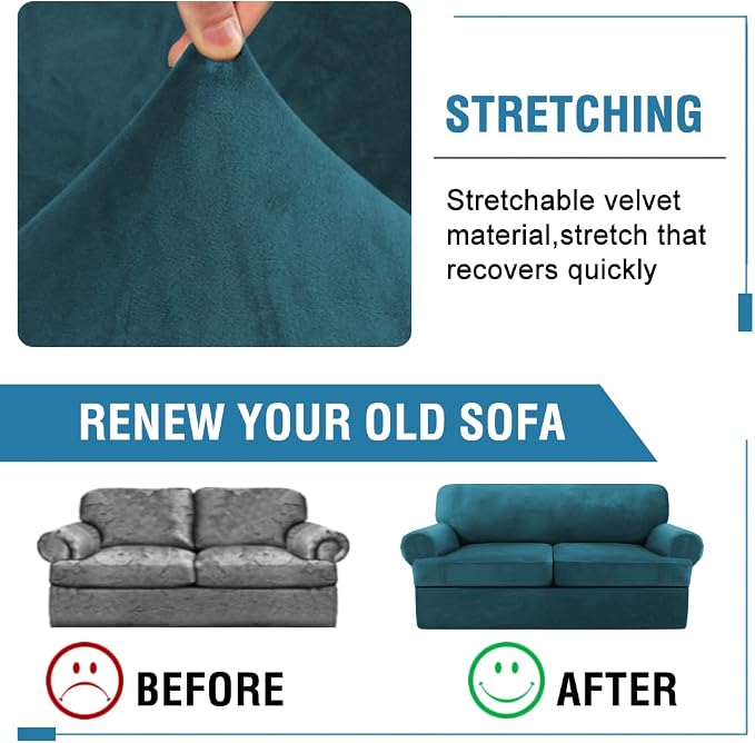 H.VERSAILTEX Sofa Cover 3 Piece T Cushion Sofa Slipcovers Thick Velvet Couch Cover Furniture Protector Stretch T Cushion Sofa Covers for 2 Cushion Couch with 2 Individual T Cushion Covers, Deep Teal