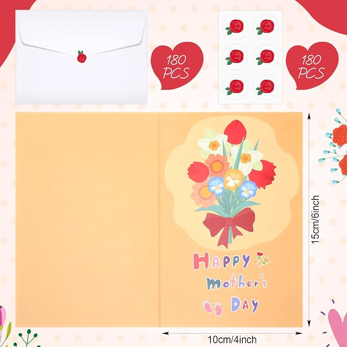 Fuutreo 180 Pack Mother's Day Cards Bulk Assortment with 180 Envelopes and 180 Cute Stickers Floral Mother's Day Greeting Cards Blank Inside for Birthday Supplies, 4 x 6 Inch, 12designs