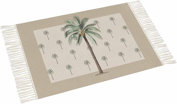 Tropical Palm Tree Entryway Rug 2X3 Ft Bathroom Mat, Washable Woven Brown Summer Beach Plant Throw Carpet with Tassel, Non-Shedding Farmhouse Retro Green Botanical Indoor Outdoor Kitchen Doormats