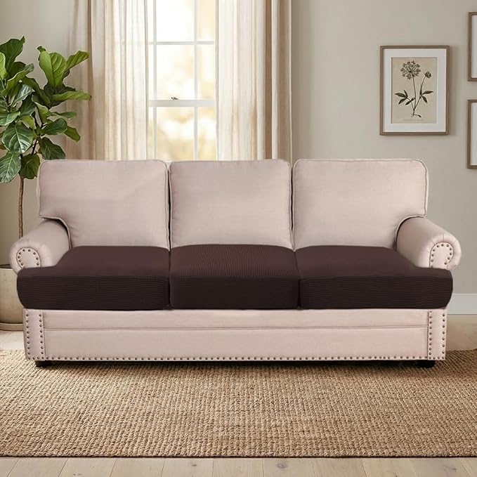 H.VERSAILTEX Stretch 3 Piece T Cushion Sofa Slipcovers Individually Sofa Cushion Covers for 3 Cushion Couch Sofa Seat Cushion Covers with Elastic Bands Featuring Thicker Jacquard Fabric, Chocolate