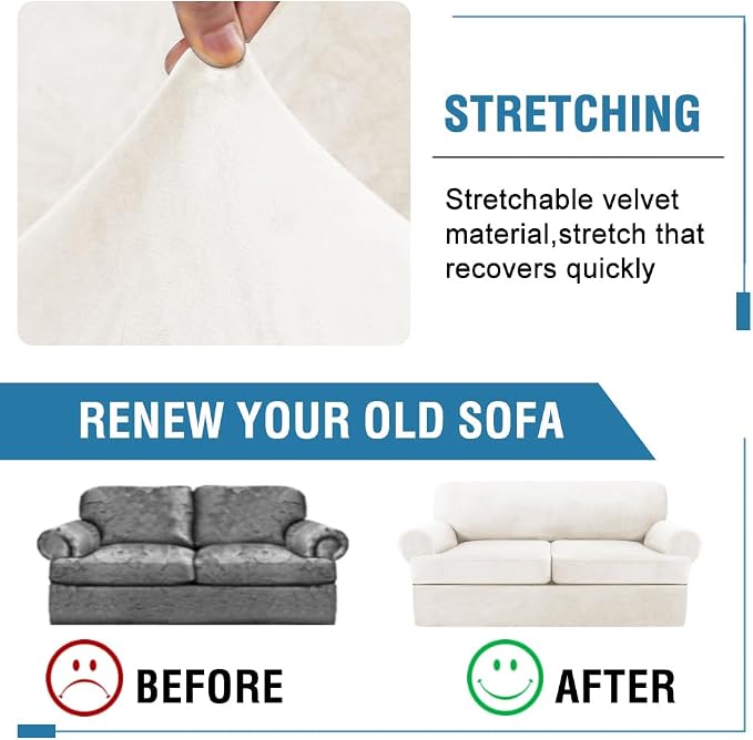 H.VERSAILTEX Sofa Cover 3 Piece T Cushion Sofa Slipcovers Thick Velvet Couch Cover Stretch T Cushion Sofa Covers for 2 Cushion Couch with 2 Individual T Cushion Covers, Porcelain White