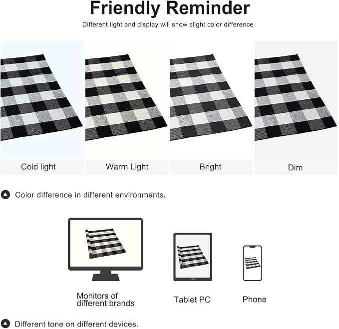 uxcell Buffalo Check Rug,Plaid Outdoor Rug,Layered Door Mat,Cotton Gingham Rugs,Floor Mat for Front Porch/Runner/Bedroom/Kitchen/Farmhouse 59"x35" Black & White