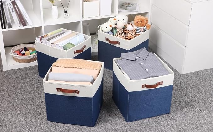 Temary Fabric Storage Bins for Cube Organizer 4 Pack Cube Storage Bins 13 Storage Cubes for Shelves Storage Baskets for Organizing Books, Clothes, Towels (White & Blue, 13x13x13 Inch)