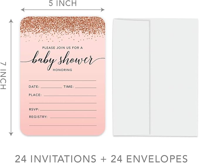 Andaz Press Blush Pink and Rose Gold Glitter Elegant Party Collection, 5x7-inch Invitations with Envelopes, Baby Shower, 24-Pack, Double Sided Printing, Heavy Card Stock, Includes Envelopes