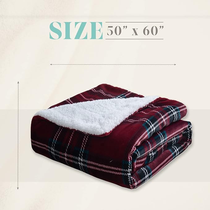 Elegant Comfort Throw Blanket, Reversible Sherpa Flannel, Ultra-Soft, Fuzzy, Cozy and Plush- All Season Lightweight Decorative Throw, 50 x 60 inches, Plaid Design Sherpa Throw, Burgundy