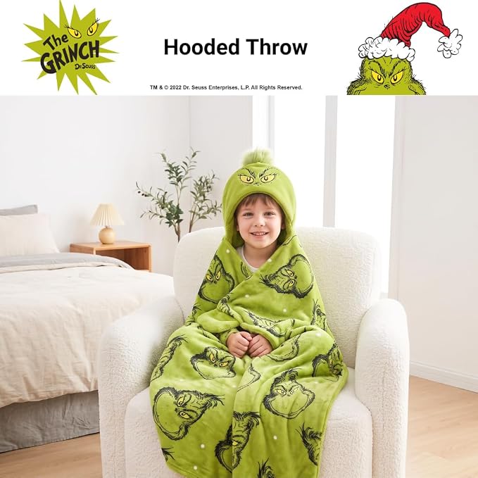 Grinch by Dr. Seuss Hooded Throw - Kids Christmas Bedding Super Soft Throw Blanket - 40 in x 50 in, (Officially Licensed Product) by Franco
