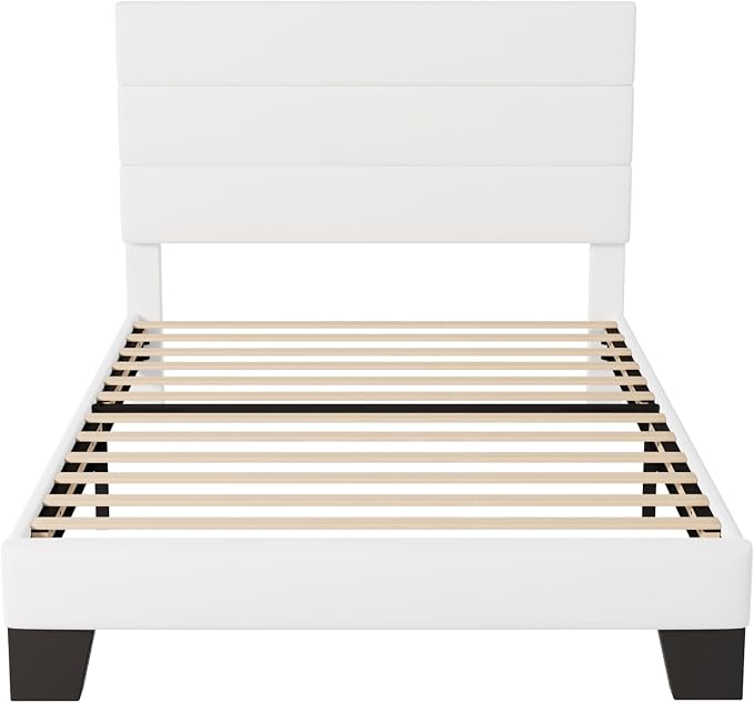 Allewie Twin Size Platform Bed Frame with Velvet Upholstered Headboard | Wooden Slats Support, Fully Upholstered Mattress Foundation, No Box Spring Needed, Easy Assembly, Noise-Free, White