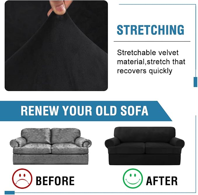 H.VERSAILTEX Sofa Cover 3 Piece T Cushion Sofa Slipcovers Thick Velvet Couch Cover Furniture Protector Stretch T Cushion Sofa Covers for 2 Cushion Couch with 2 Individual T Cushion Covers, Black