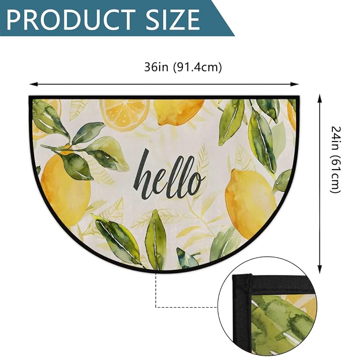 Pardick Half Round Door Mat Vintage Lemon Anti-Slip Semi Circle Rug 24X36 Indoor Door Mat Half Moon Bath Mats, Washable Decorative Welcome Floor Mats for Kitchen Bathroom Hearth Fireplace,A-1624
