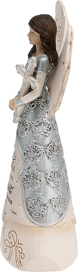 Pavilion - Elements Faith Angel Figurine - 6-1/2-Inch, Holding Cross, Inscription with God All Things are Possible