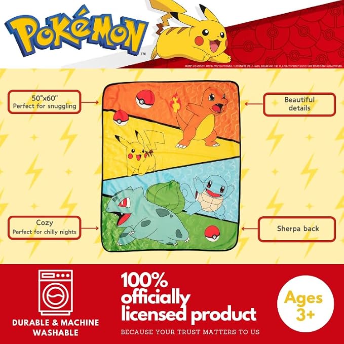 Pokemon Anime Kids Bedding Soft Plush Sherpa Blanket Throw, 50 in x 60 in, (Officially Licensed Product) by Franco