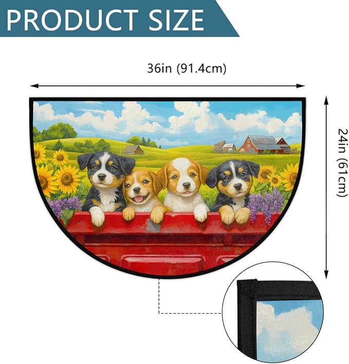 cfpolar Sunflower Cute Dog Half Round Door Mat Indoor Entrance Half Circle Area Rug Semi Circular Door Mat Half Moon Rug for Floor Bathroom Living Room Bedroom Kitchen Fireplace 24"x36",A-03