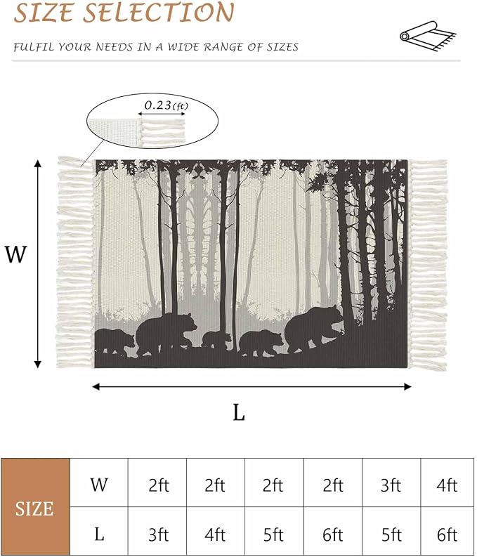 Rustic Bear Runner Rug 2X4 Ft Entryway Outdoor Indoor Mat, Washable Woven Forest Animal Rustic Cabin Throw Carpet with Tassel, Non-Shedding Farmhouse Vintage Nature Scenery Art Hallway Bath Mats