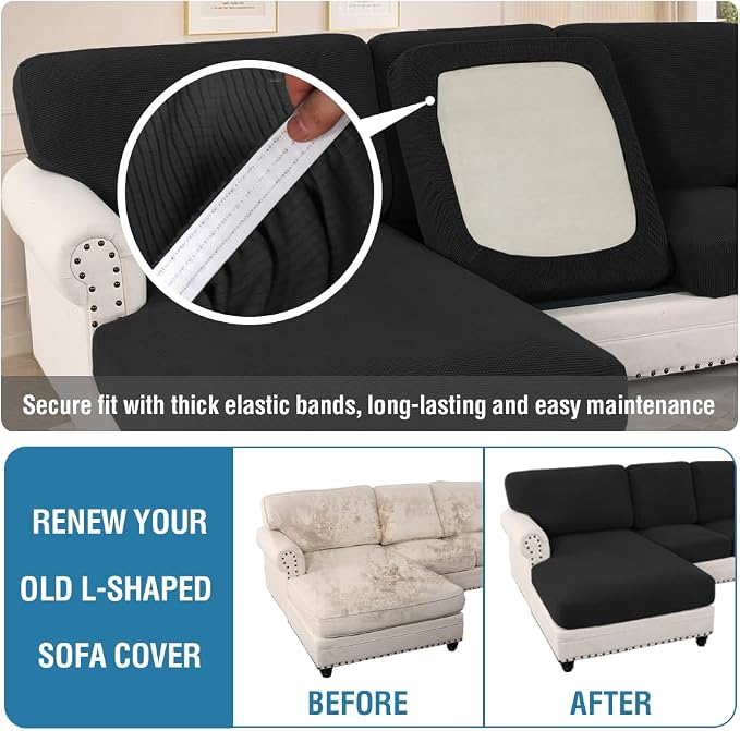 H.VERSAILTEX Sectional Couch Covers 8 Pieces Stretch Sofa Covers for Sectional Sofa Set Separate L Shaped Couch Cover for Both Left/Right Couch (Seat and Back: 1 Chaise + 3 Sofa, Black)