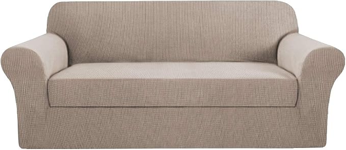 2 Piece Stretch Sofa Covers Couch Covers for Living Room Furniture Slipcovers (Base Cover Plus Seat Cushion Cover) Feature Upgraded Thicker Jacquard Fabric Removable Washable (Sofa, Sand)