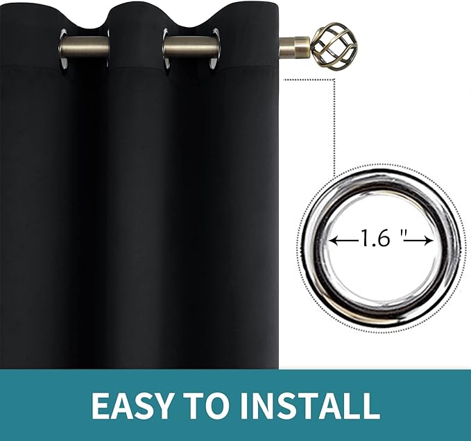 BGment Black Blackout Curtains for Bedroom 63 Inches Long, Black Out Room Darkening Light Blocking Thermal Insulated Grommet Window Drapes for Summer Heat, Each Panel 42 Inch Wide