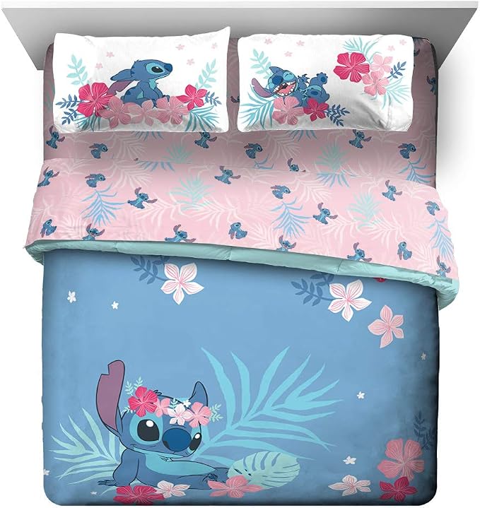 Jay Franco Disney Lilo & Stitch Queen Comforter Set, 7 Piece Bed in a Bag - Reversible with Shams & Sheets - Super Soft Microfiber Kids Bedding, All Season Machine Washable (Official Disney Product)