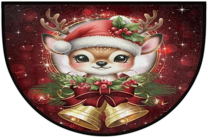 Christmas Xmas Half Round Door Mat Christmas Xmas Bells Deer Half Moon Rug Washable Half Circle Area Rugs Indoor Entrance Non Slip Semi Circle Rugs Floor Carpet for Kithen Bedroom Decorate Gift