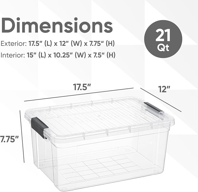 Superio Clear Storage Box with Lid, 21 Quart Plastic Container Bins for Organizing, Stackable Crates, BPA Free, Non Toxic, Odor Free, Organizers for Home, Office, School, and Dorm