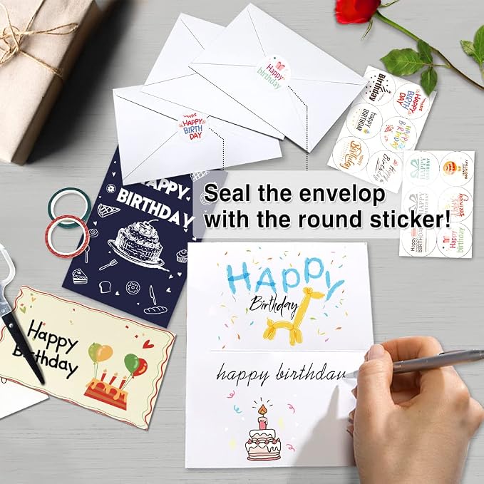 feela Birthday Cards Bulk, 320 Pack 40 Designs Happy Birthday Card Assortment Box with 320 Blank Envelopes, 336 Pieces of Stickers, 12 Washi Tapes, Greeting Cards for Employees Family, 4” X 6”