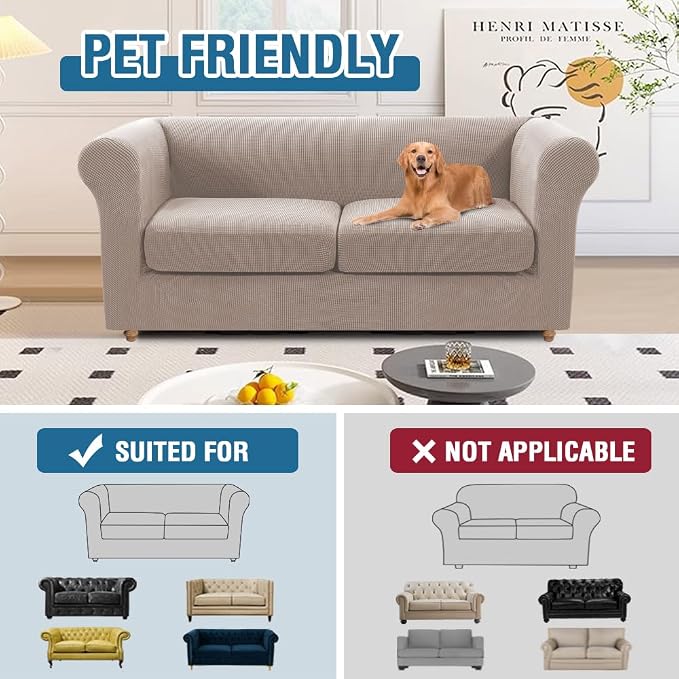H.VERSAILTEX 3 Pieces Stretch Couch Cover Traditional Chesterfield Loveseat Covers for 2 Cushion Couch Non Slip Mid Century Deep Seat Couch Cover Washable, Thicker Jacquard Fabric(Medium Sofa, Sand)