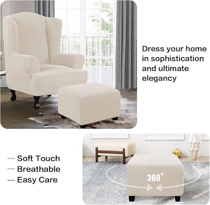 H.VERSAILTEX Ottoman Cover Slipcover Rectangle Fit Length 35"-45" Footrest Sofa Slipcovers Stool Cover Footstool Protector Covers Feature Stretch Thick Soft Jacquard Fabric Washable - Natural